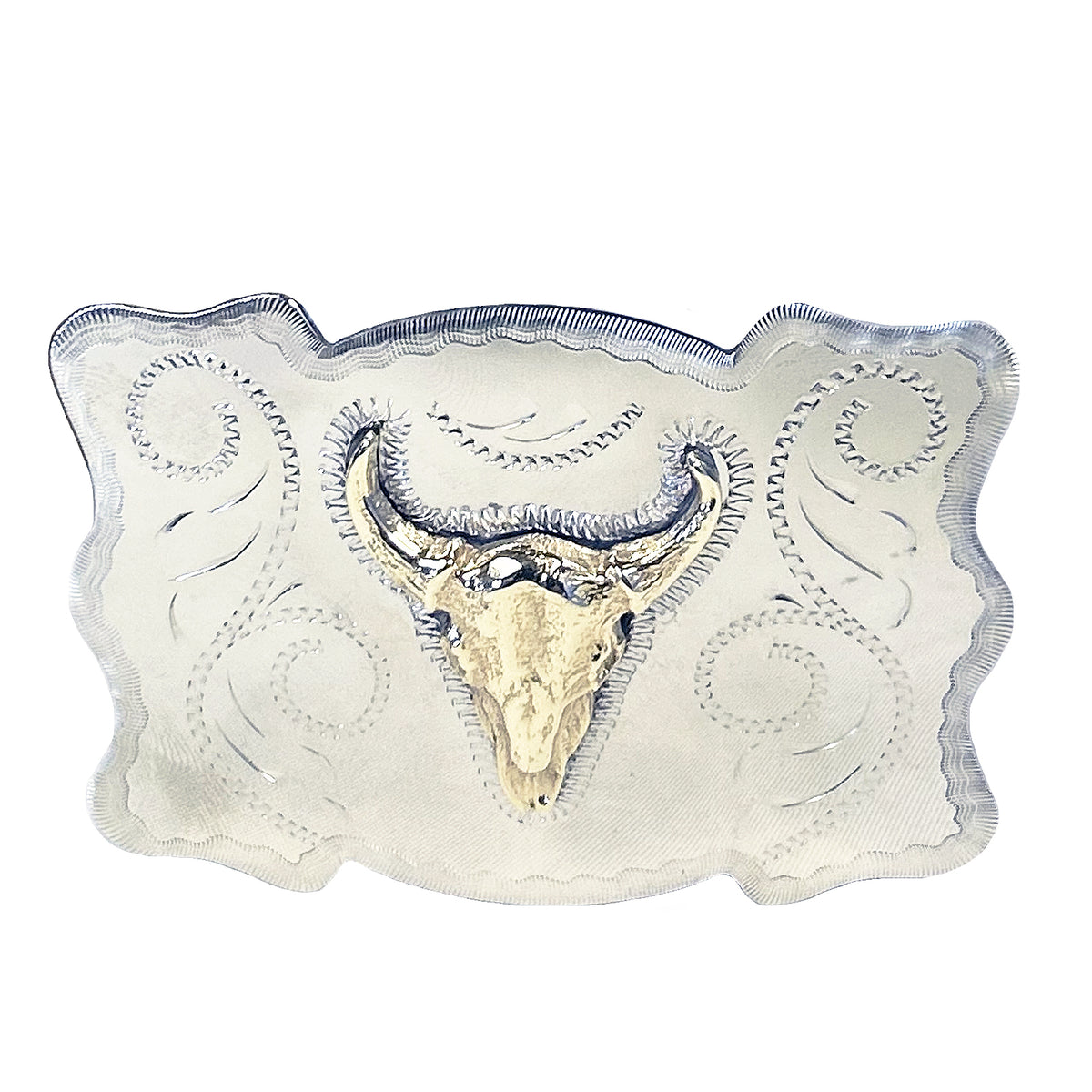 Steer Skull Western Belt Buckle by Rockmount Ranch Wear in brass with rope engraving detail