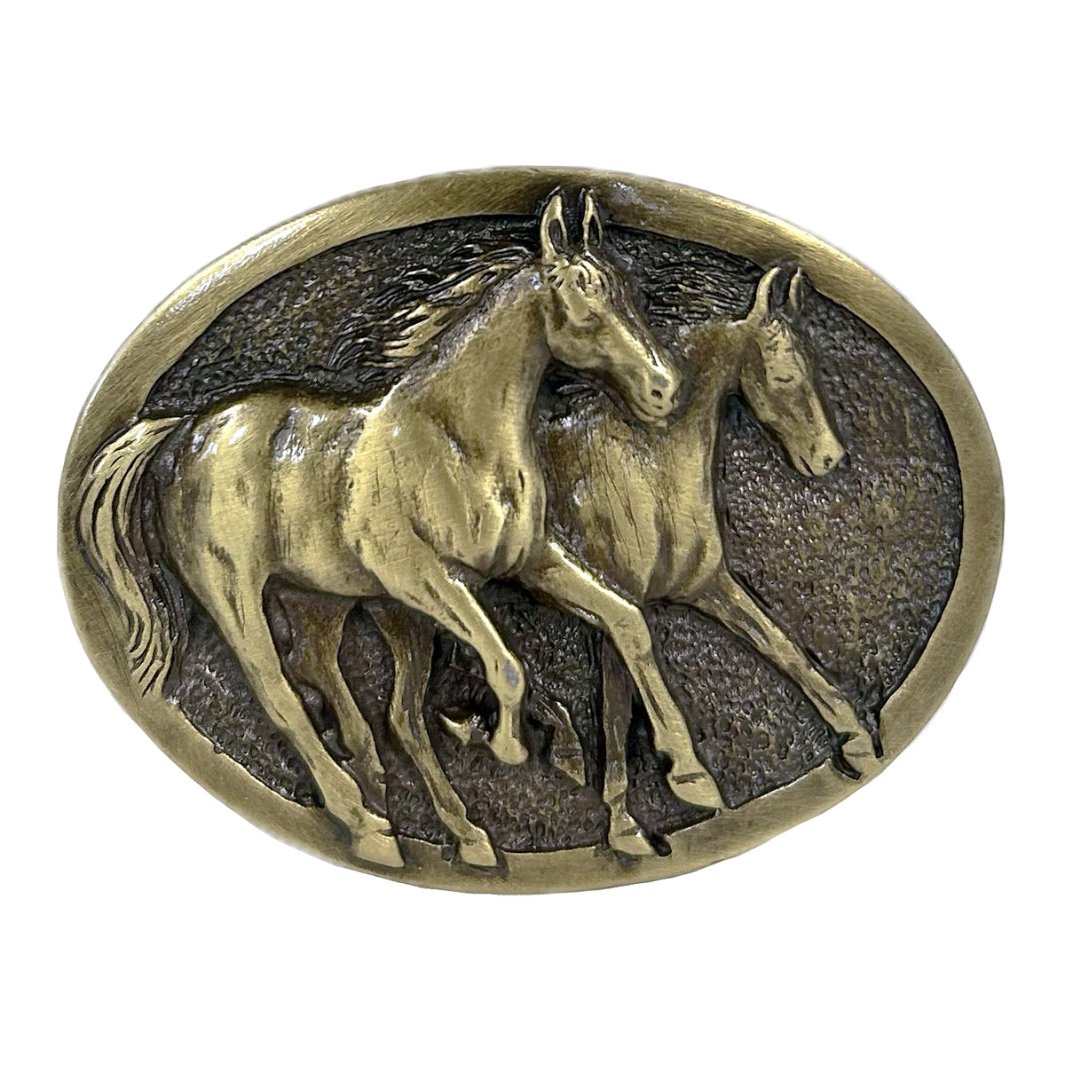 Running Horses Brass Western Belt Buckle by Rockmount Ranch Wear, cast brass buckle with running horses motif