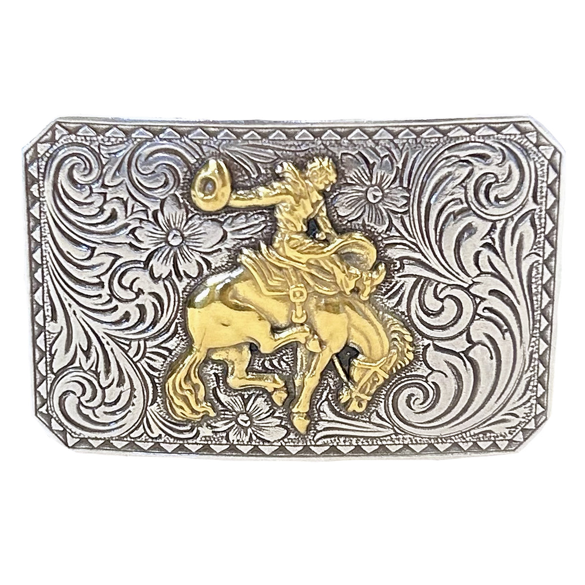 Buckin' Bronco Rectangle Western Belt Buckle by Rockmount Ranch Wear, cast pewter with bronco motif face