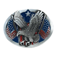 Pewter Western Belt Buckle with Eagle and Flags by Rockmount Ranch Wear, cast pewter western belt accessory