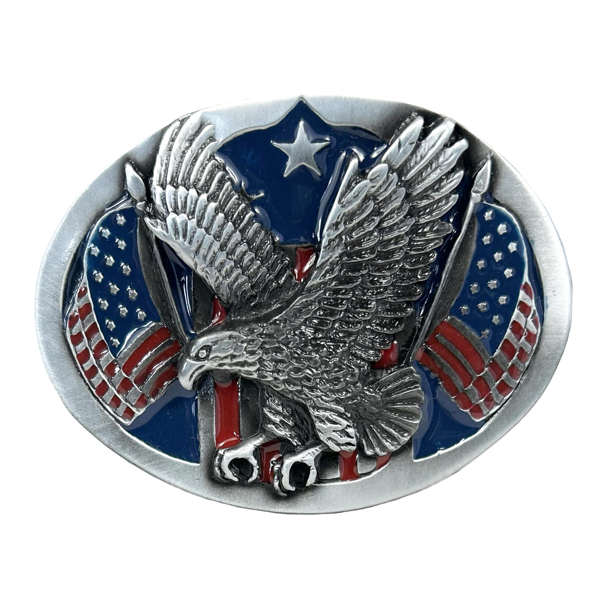 Pewter Western Belt Buckle with Eagle and Flags by Rockmount Ranch Wear, cast pewter western belt accessory