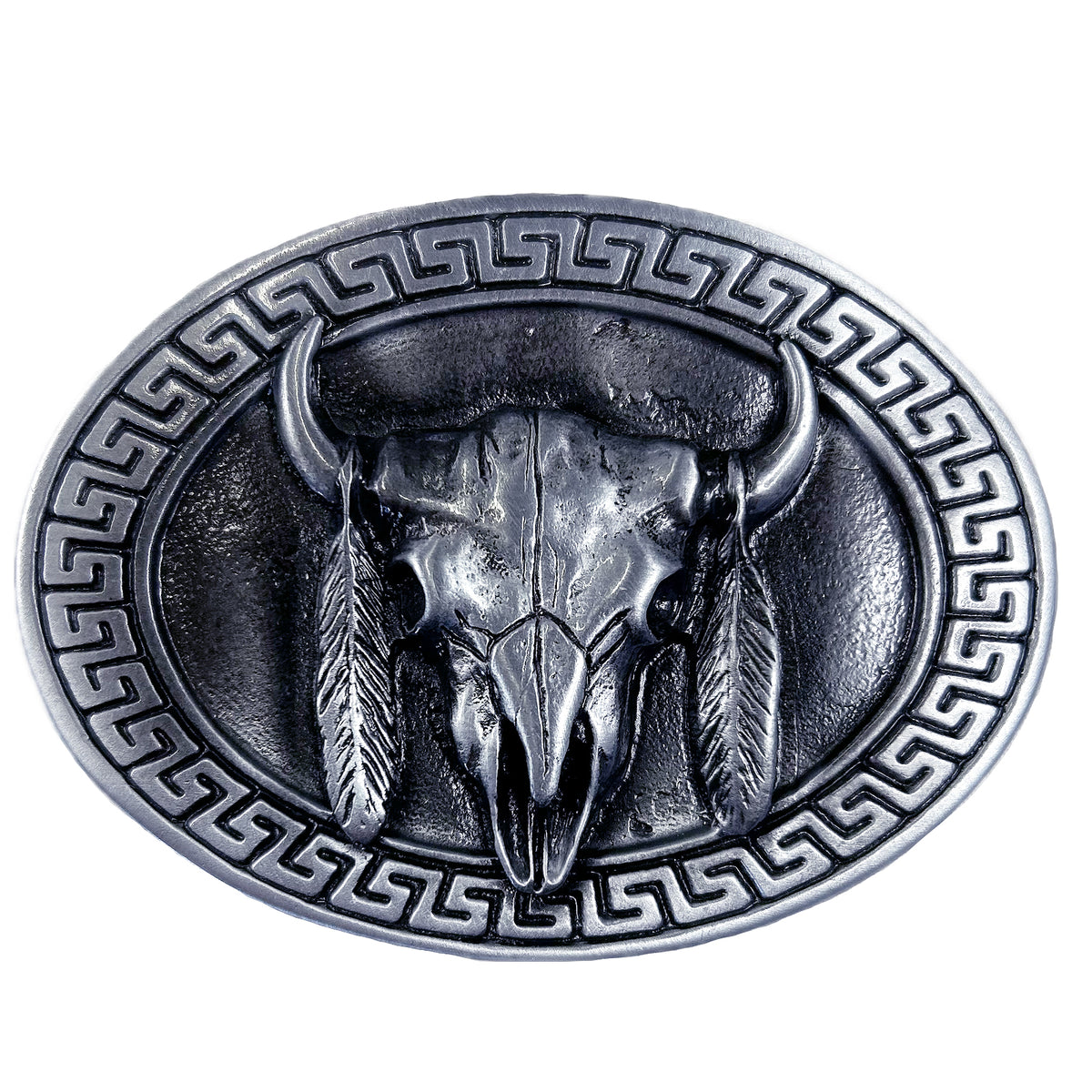 Steer Skull Feathers Pewter Western Belt Buckle by Rockmount Ranch Wear, pewter steer skull design