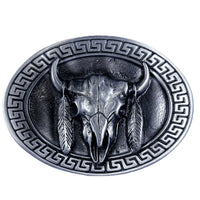 Steer Skull Feathers Pewter Western Belt Buckle by Rockmount Ranch Wear, pewter steer skull design