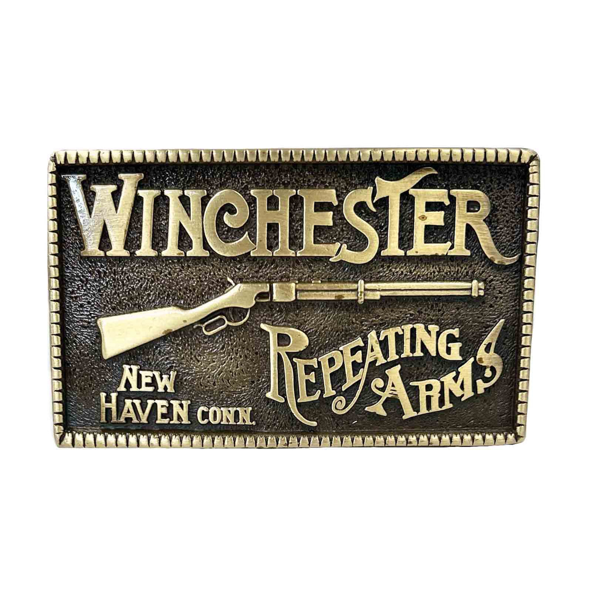 Vintage Winchester Repeating Arms Brass Western Belt Buckle by Rockmount Ranch Wear, solid brass, 4 inch x 2 inch
