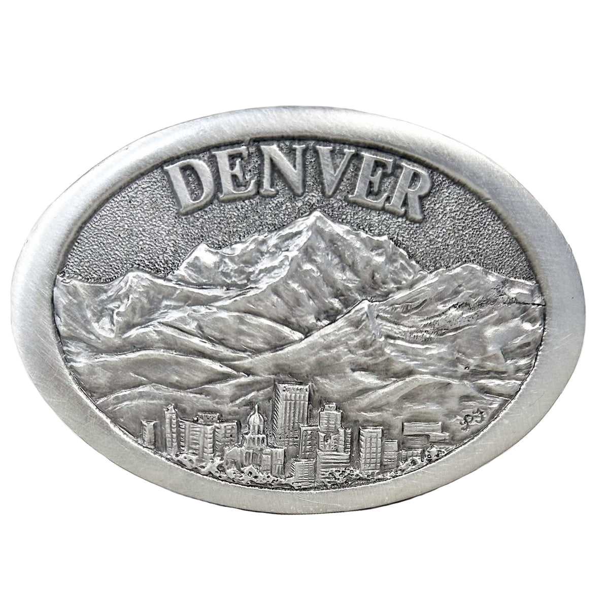 Pewter Western Belt Buckle with Denver skyline, Rockmount Ranch Wear cast pewter motif