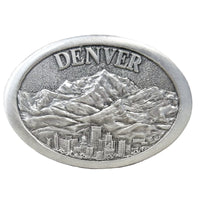 Pewter Western Belt Buckle with Denver skyline, Rockmount Ranch Wear cast pewter motif