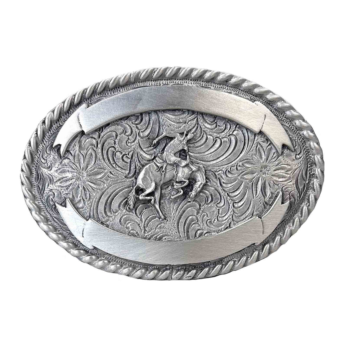 Bucking Bronc Western Belt Buckle by Rockmount Ranch Wear, cast pewter with bronc image buckle face