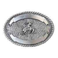 Bucking Bronc Western Belt Buckle by Rockmount Ranch Wear, cast pewter with bronc image buckle face