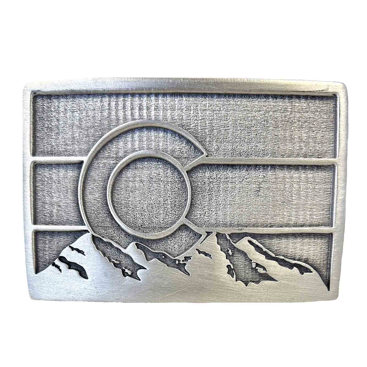 Pewter Colorado Flag Belt Buckle with Mountains by Rockmount Ranch Wear, cast pewter buckle for Colorado motif