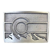 Pewter Colorado Flag Belt Buckle with Mountains by Rockmount Ranch Wear, cast pewter buckle for Colorado motif