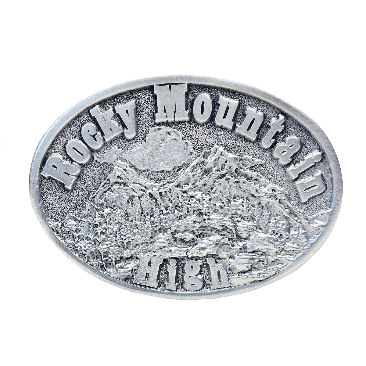 Pewter Rocky Mountain High Western Belt Buckle by Rockmount Ranch Wear, cast pewter Colorado Rocky Mountains graphic