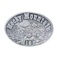 Pewter Rocky Mountain High Western Belt Buckle by Rockmount Ranch Wear, cast pewter Colorado Rocky Mountains graphic