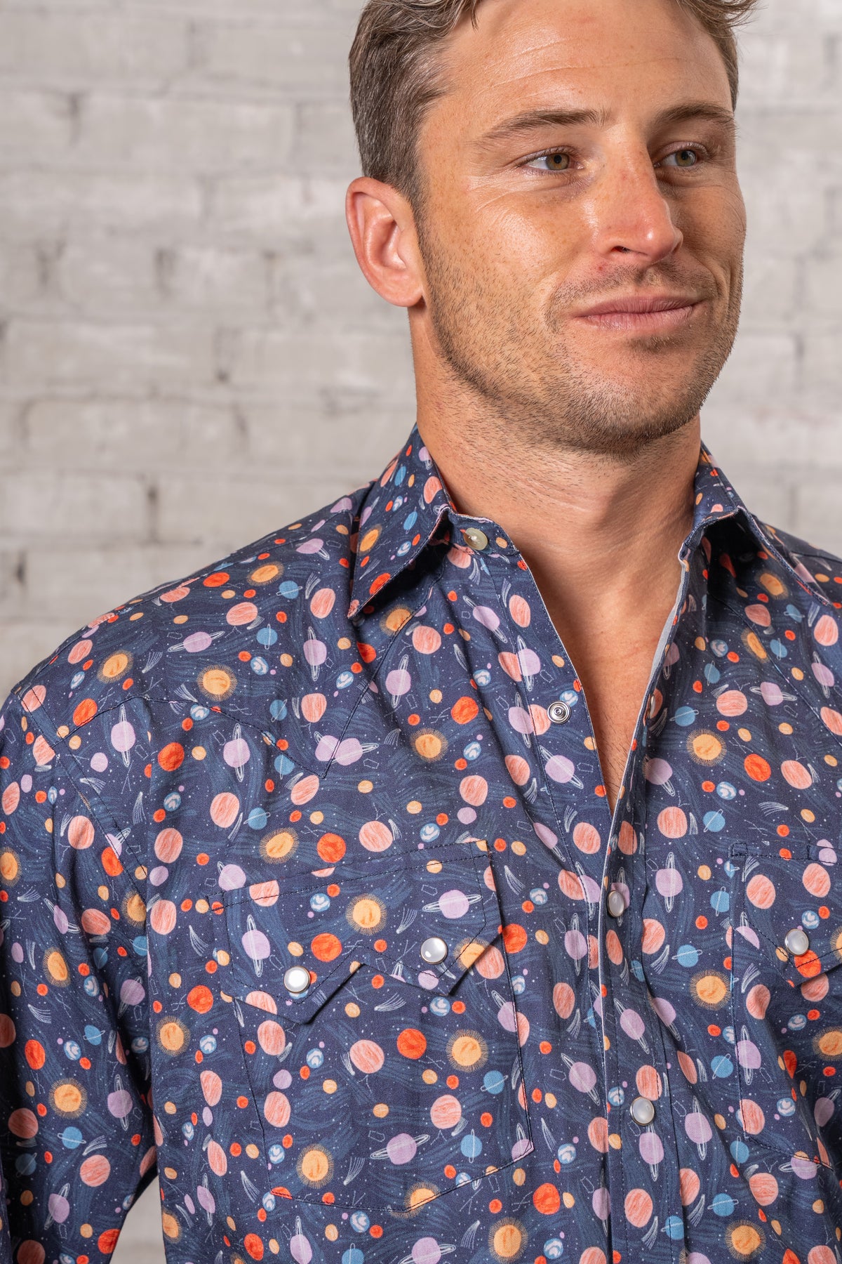 Men's Solar System Short Sleeve Print Western Shirt in Navy Rockmount Ranch Wear with snap button shirt style
