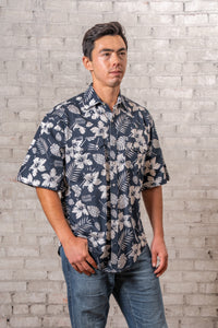 Men's Navy Short Sleeve Hawaiian Western Shirt by Rockmount Ranch Wear with floral print and round snaps