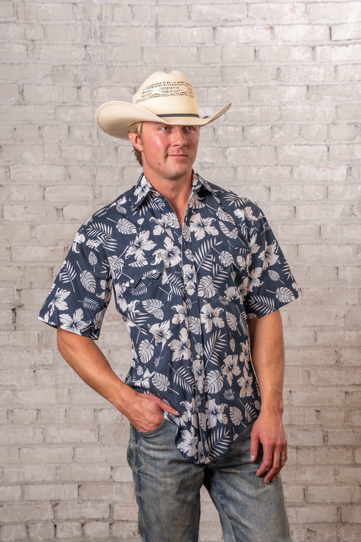 Men's Navy Short Sleeve Hawaiian Western Shirt by Rockmount Ranch Wear with floral print and snap buttons