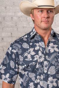 Men's Navy Short Sleeve Hawaiian Western Shirt by Rockmount Ranch Wear, vintage floral print with snaps