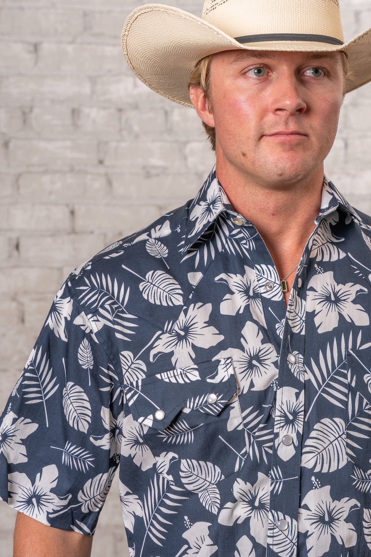 Men's Navy Short Sleeve Hawaiian Western Shirt by Rockmount Ranch Wear, vintage floral print with snaps