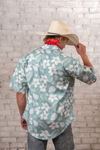 Men's Green Short Sleeve Hawaiian Western Shirt by Rockmount Ranch Wear with floral print and cactus motifs