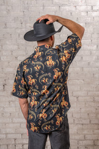 Men's Vintage Black Short Sleeve Bronc Print Western Shirt by Rockmount Ranch Wear, vintage cowboy shirt with print