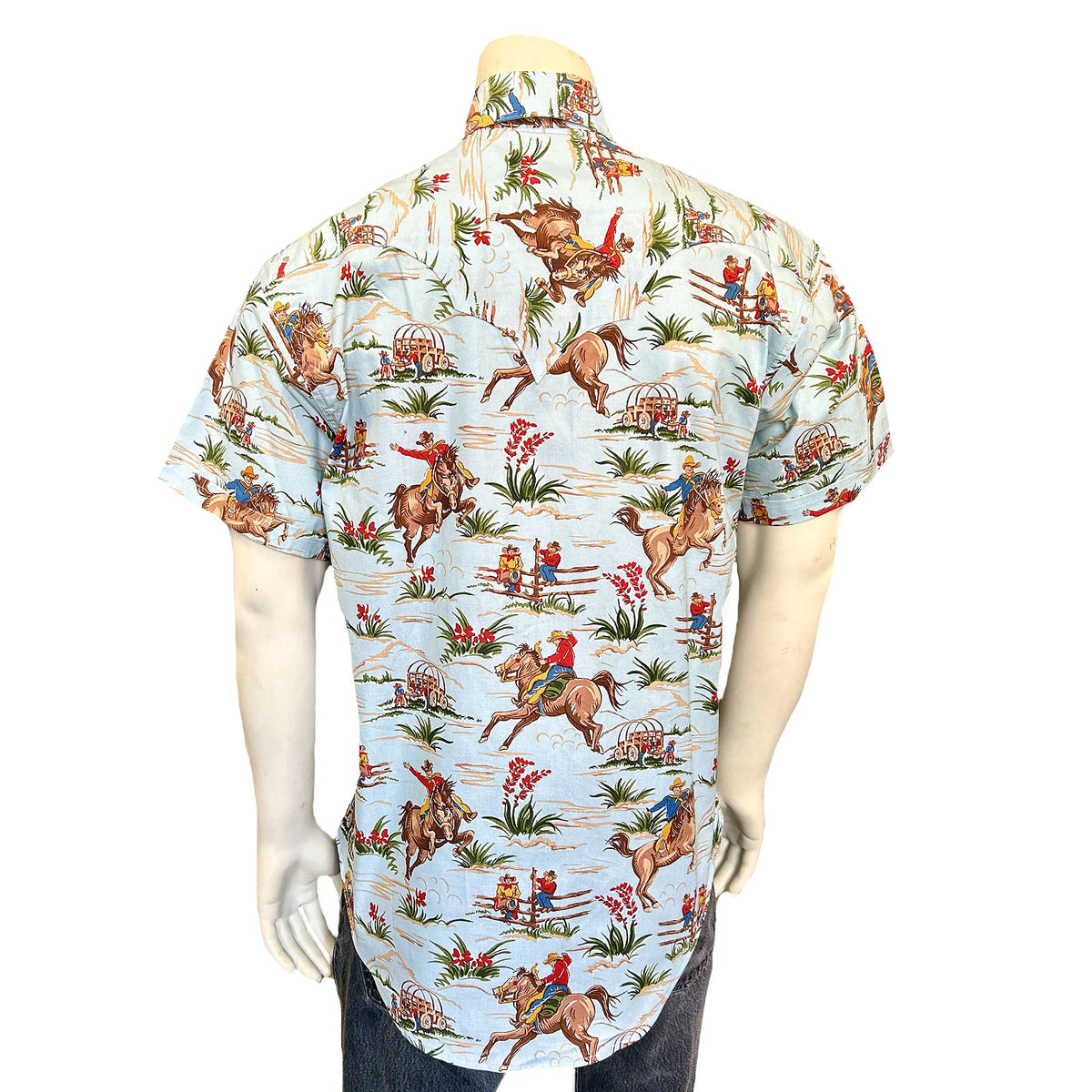 Men's Vintage Western Print Light Blue Short Sleeve Shirt by Rockmount Ranch Wear with floral print