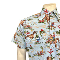 Men's Vintage Western Print Light Blue Short Sleeve Shirt by Rockmount Ranch Wear with floral print and snap buttons