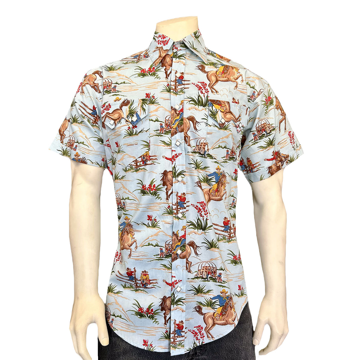 Men's Vintage Western Print Light Blue Short Sleeve Shirt by Rockmount Ranch Wear, floral western shirt