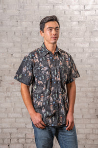 Men's Black Cactus Cowboys Print Short Sleeve Western Shirt Rockmount Ranch Wear with cactus western wear print