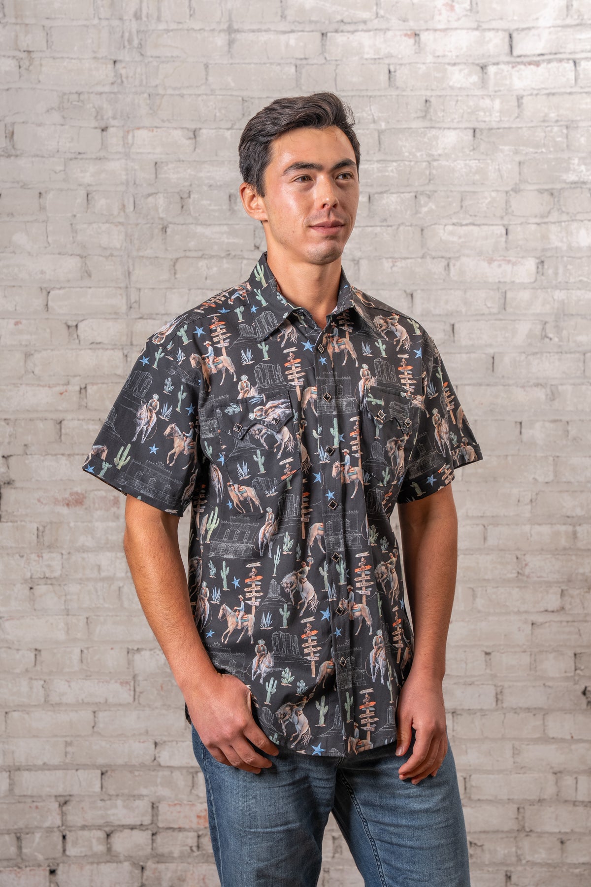 Men's Black Cactus Cowboys Print Short Sleeve Western Shirt Rockmount Ranch Wear with cactus western wear print