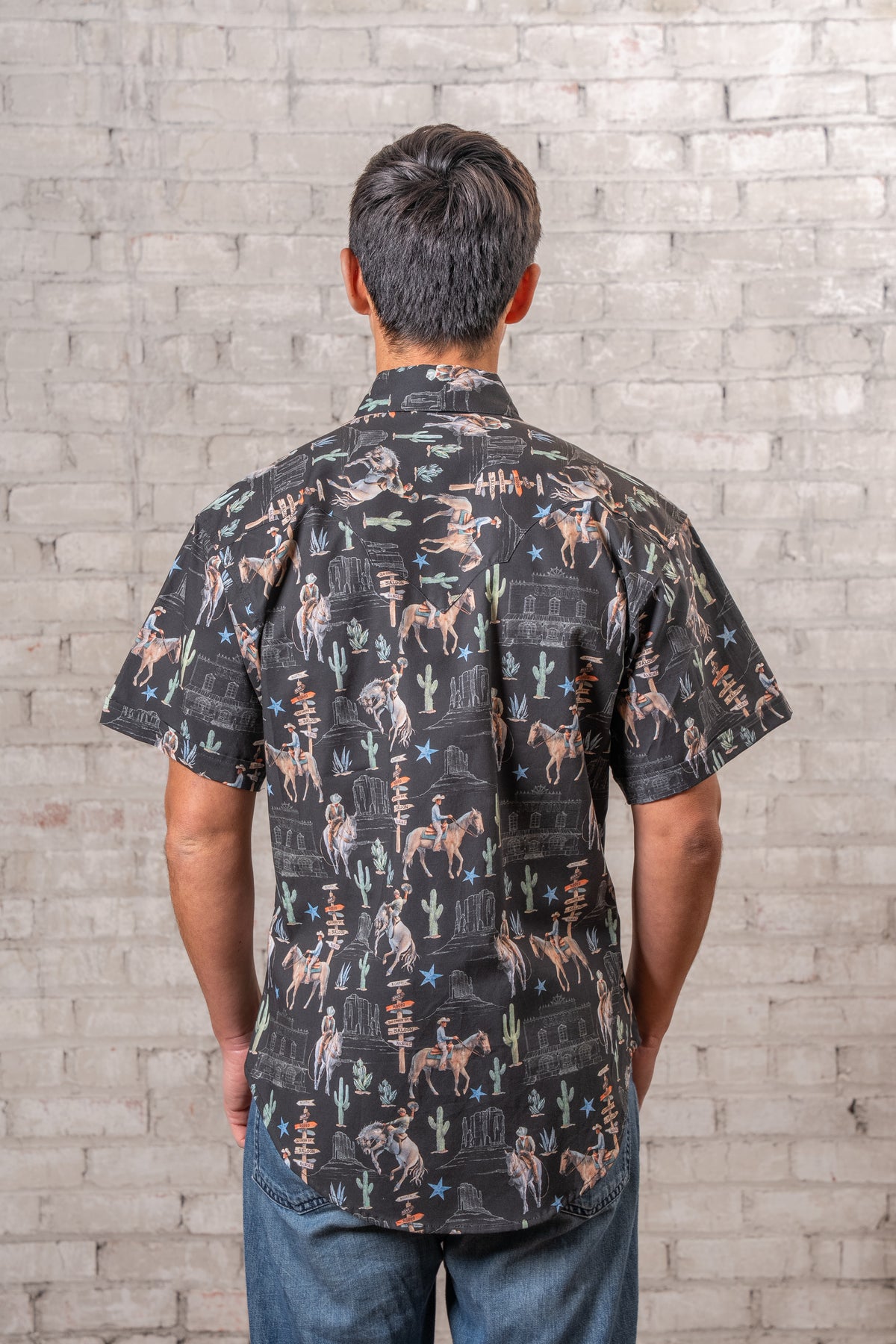 Men's Black Cactus Cowboys Print Short Sleeve Western Shirt by Rockmount Ranch Wear, vintage western wear