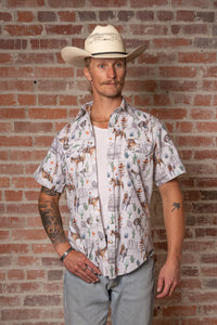 Men's White Cactus Cowboys Print Short Sleeve Western Shirt by Rockmount Ranch Wear with cactus print