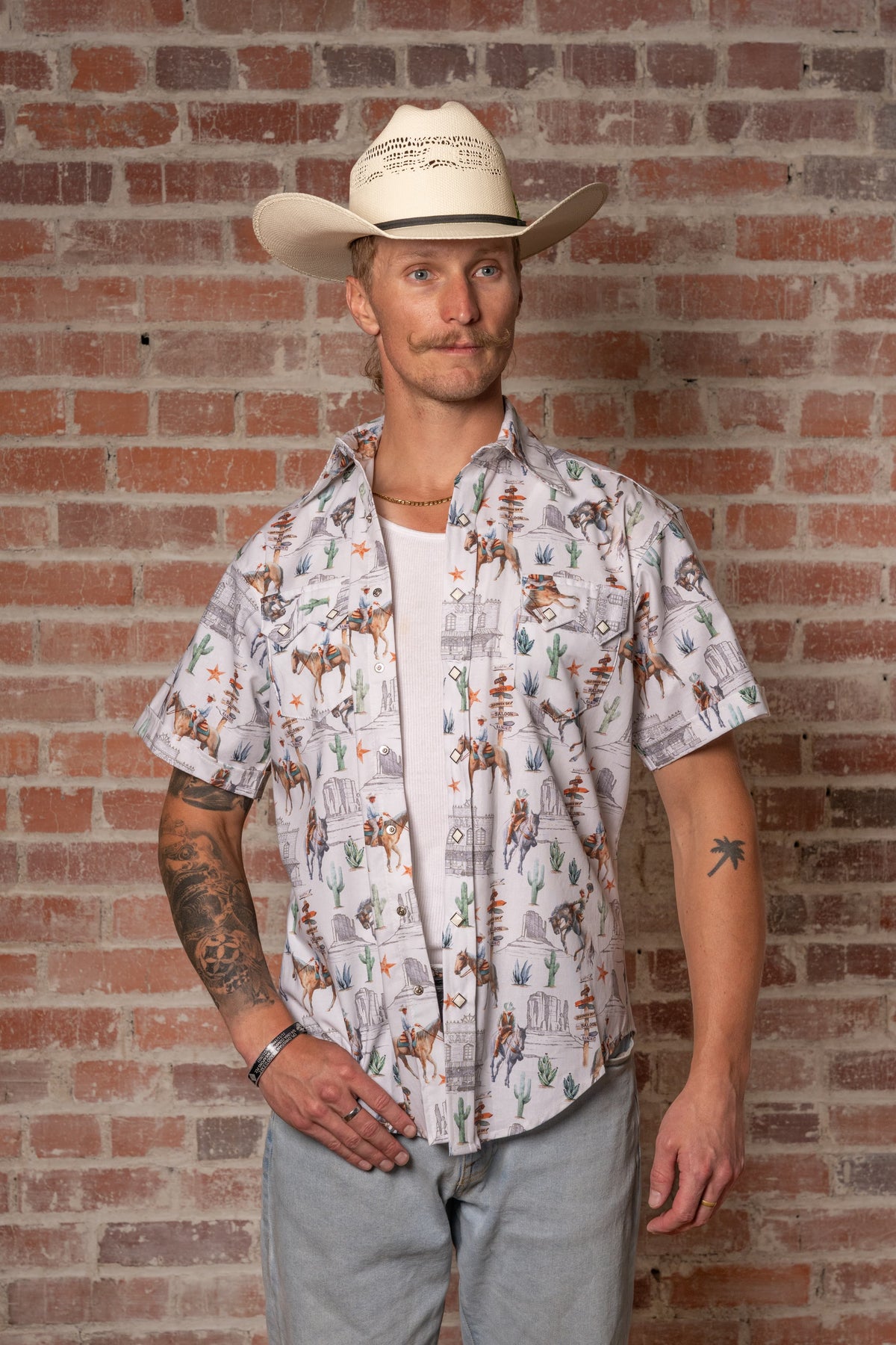 Men's White Cactus Cowboys Print Short Sleeve Western Shirt by Rockmount Ranch Wear with cactus print
