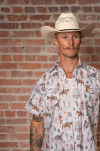 Men's White Cactus Cowboys Print Short Sleeve Western Shirt by Rockmount Ranch Wear with snap front