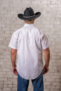 Men's Solid White Cotton Blend Short Sleeve Western Shirt by Rockmount Ranch Wear, sawtooth pockets, vintage look
