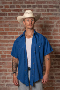 Men's Short Sleeve Royal Blue Western Shirt with UV Protection by Rockmount Ranch Wear, sawtooth pockets and diamond snaps