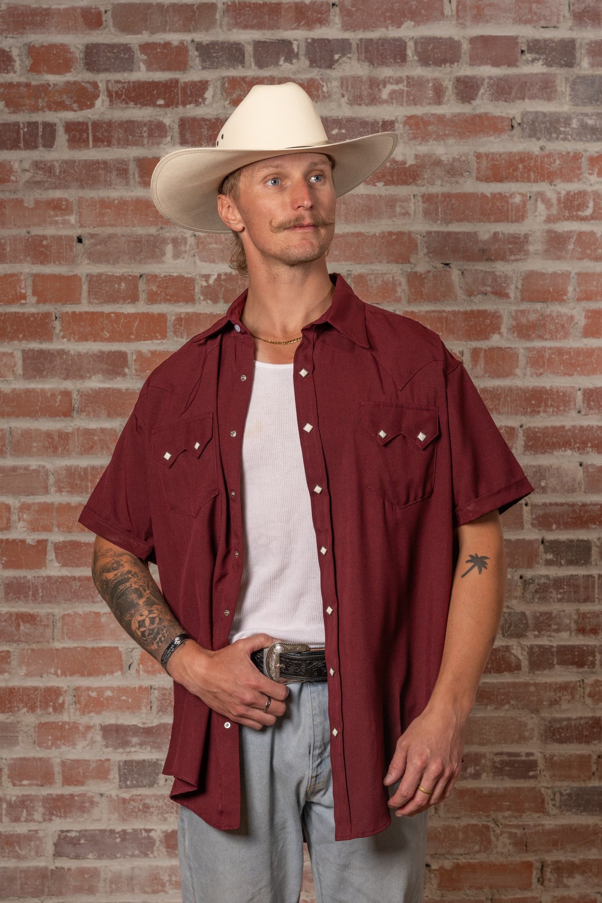 Men's Short Sleeve Burgundy Western Shirt with UV Protection by Rockmount Ranch Wear, sawtooth pocket and diamond snaps