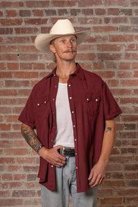 Men's Short Sleeve Burgundy Western Shirt with UV Protection by Rockmount Ranch Wear, sawtooth pocket and diamond snaps