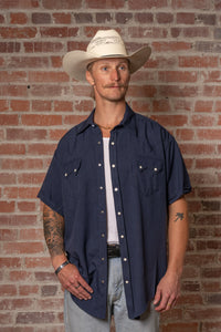 Men's Short Sleeve Navy Western Shirt with UV Protection Rockmount Ranch Wear, sawtooth pocket shirt with diamond snap closures