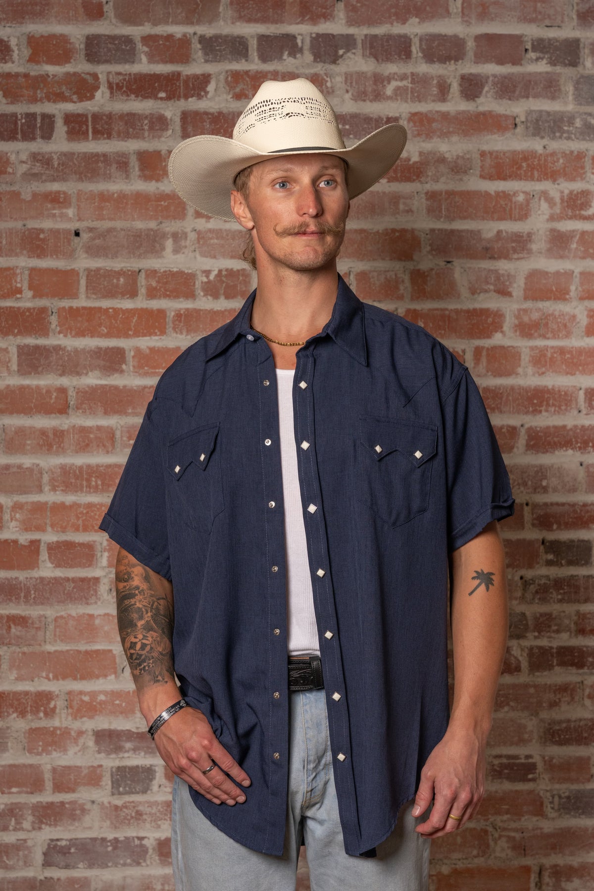 Men's Short Sleeve Navy Western Shirt with UV Protection Rockmount Ranch Wear, sawtooth pocket shirt with diamond snap closures
