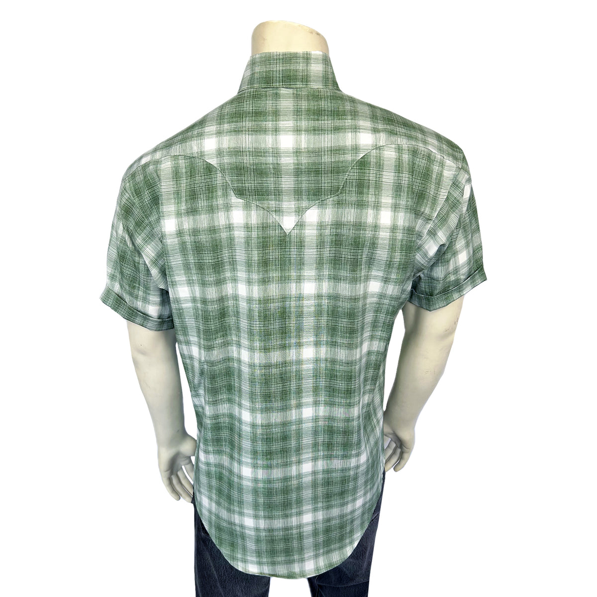Men's Green Short Sleeve Shadow Plaid Western Shirt by Rockmount Ranch Wear in denim plaid with sawtooth pockets