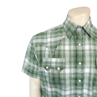 Men's Green Short Sleeve Shadow Plaid Western Shirt by Rockmount Ranch Wear with diamond snap closures