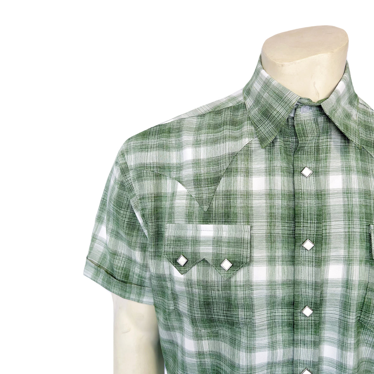Men's Green Short Sleeve Shadow Plaid Western Shirt by Rockmount Ranch Wear with diamond snap closures