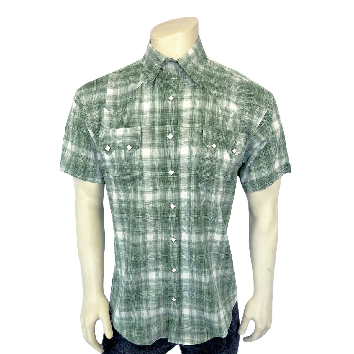Men's Green Short Sleeve Shadow Plaid Western Shirt by Rockmount Ranch Wear in denim plaid with diamond snap closures