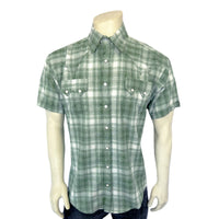Men's Green Short Sleeve Shadow Plaid Western Shirt by Rockmount Ranch Wear in denim plaid with diamond snap closures