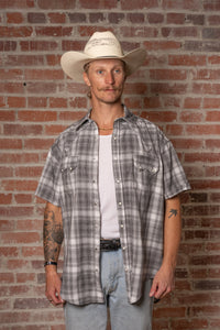 Men's Grey Short Sleeve Shadow Plaid Western Shirt by Rockmount Ranch Wear in vintage plaid with snap button front