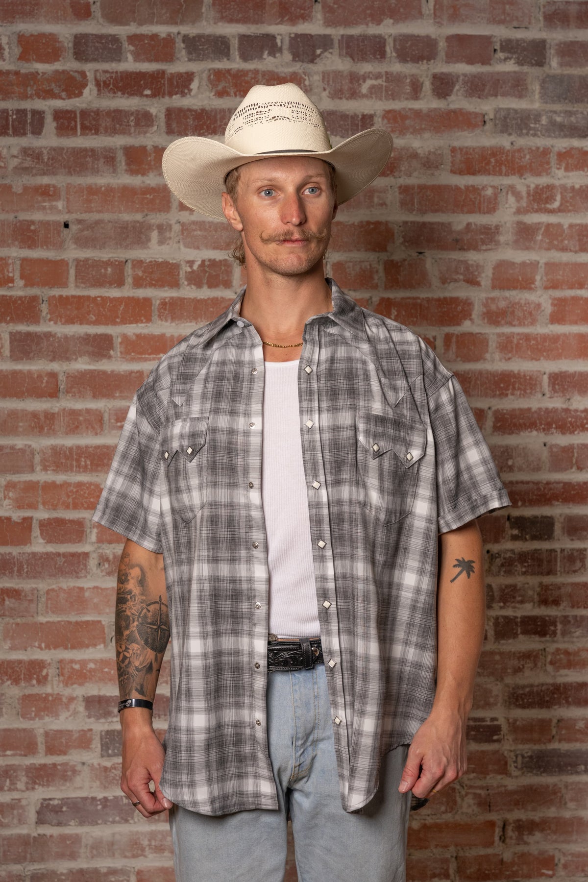Men's Grey Short Sleeve Shadow Plaid Western Shirt by Rockmount Ranch Wear in vintage plaid with snap button front