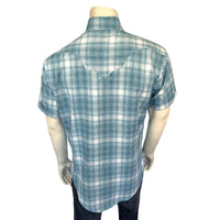 Men's Teal Short Sleeve Shadow Plaid Western Shirt by Rockmount Ranch Wear in vintage plaid cotton