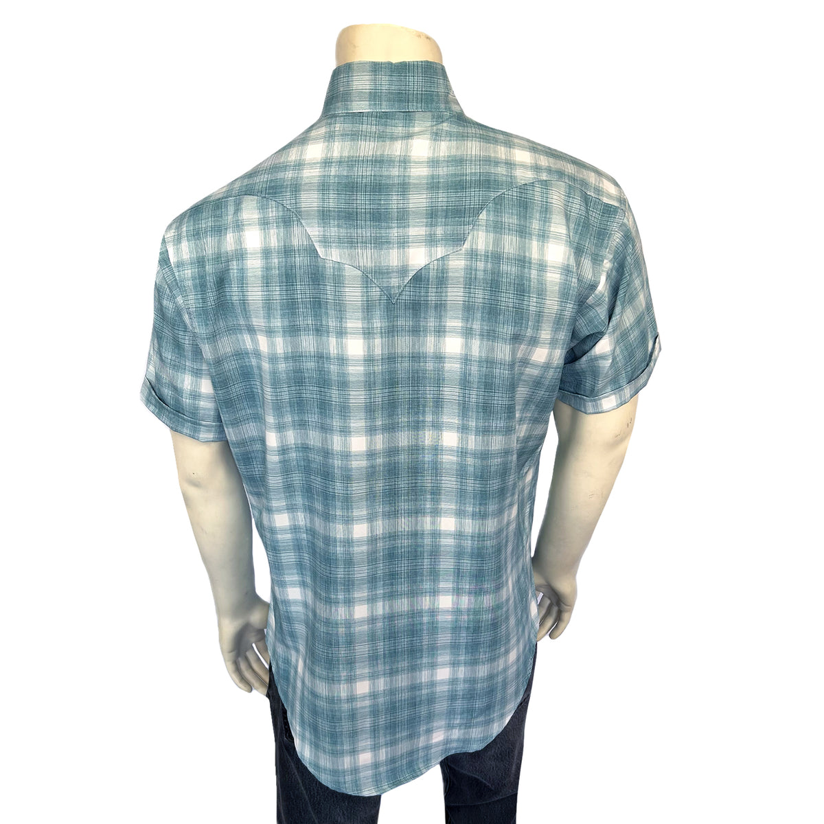 Men's Teal Short Sleeve Shadow Plaid Western Shirt by Rockmount Ranch Wear in vintage plaid cotton