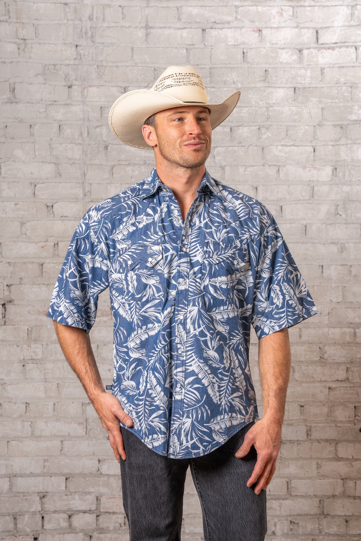 Men's Blue Chambray Floral Print Short Sleeve Western Shirt by Rockmount Ranch Wear with floral print