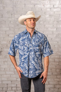 Men's Blue Chambray Floral Print Short Sleeve Western Shirt by Rockmount Ranch Wear with floral print