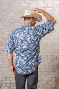 Men's Blue Chambray Floral Print Short Sleeve Western Shirt by Rockmount Ranch Wear in vintage denim with print